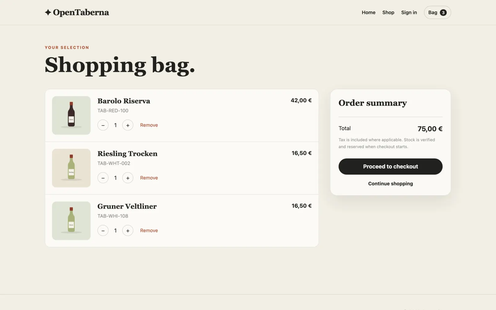 Der Warenkorb der OpenTaberna-Storefront mit drei Weinen und einer Bestellübersicht.