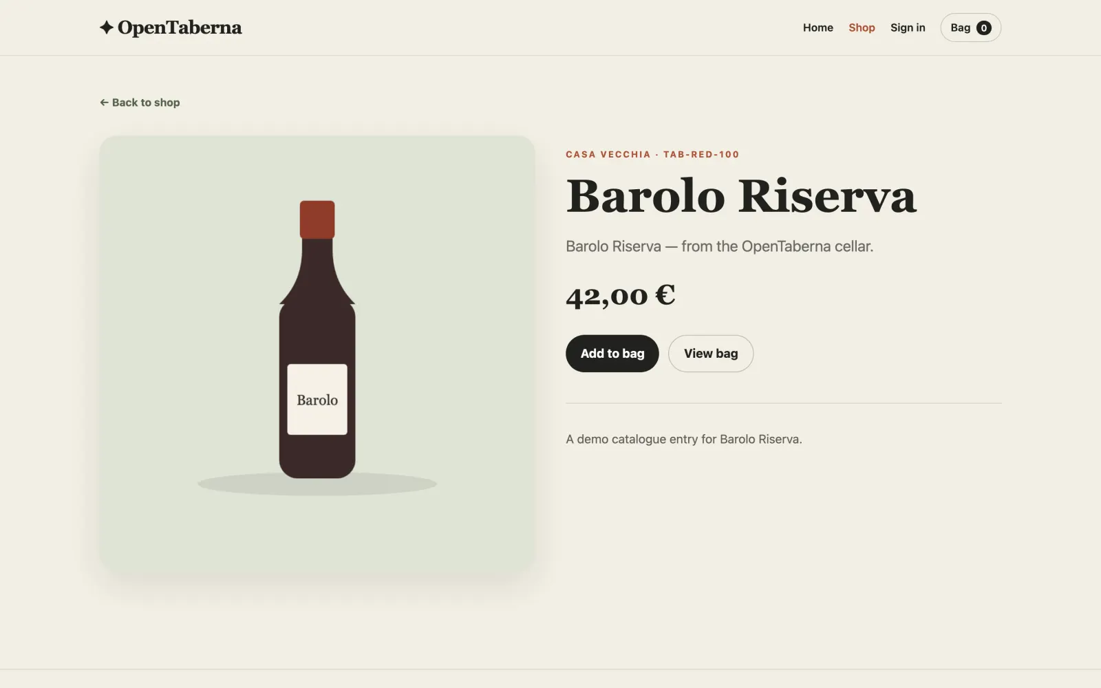 Eine Produktseite der OpenTaberna-Storefront für Barolo Riserva mit Preis und „Add to bag“-Button.
