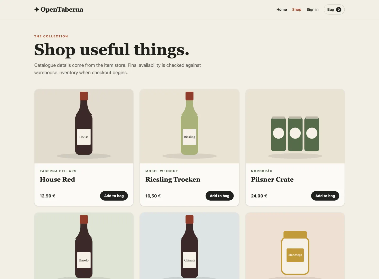 Die OpenTaberna-Storefront mit einem Produktraster aus Weinen und Feinkost, Preisen und „Add to bag“-Buttons.